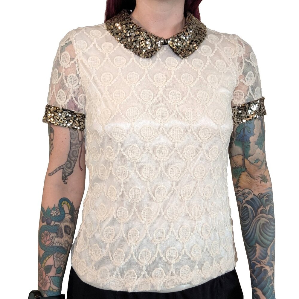 ISSI Cream Lace Gold Sequin Collar Blouse | S